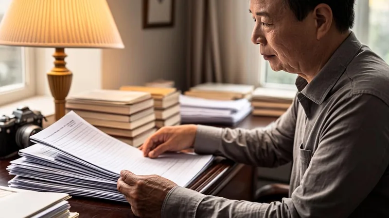 Person transferring retirement savings paperwork into an organized folder at home
