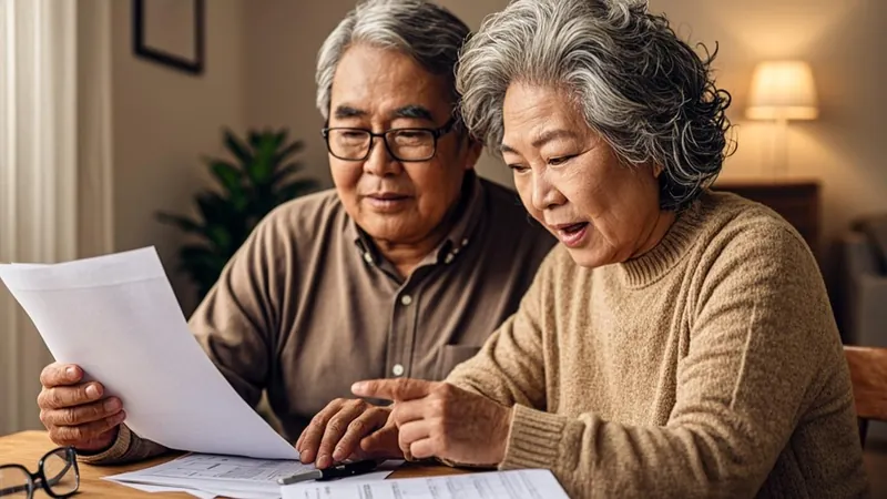 Couple reviewing retirement account statements at the kitchen table