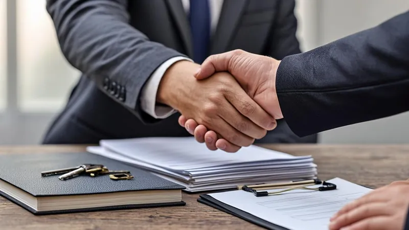 Business owner and buyer shaking hands over sale documents