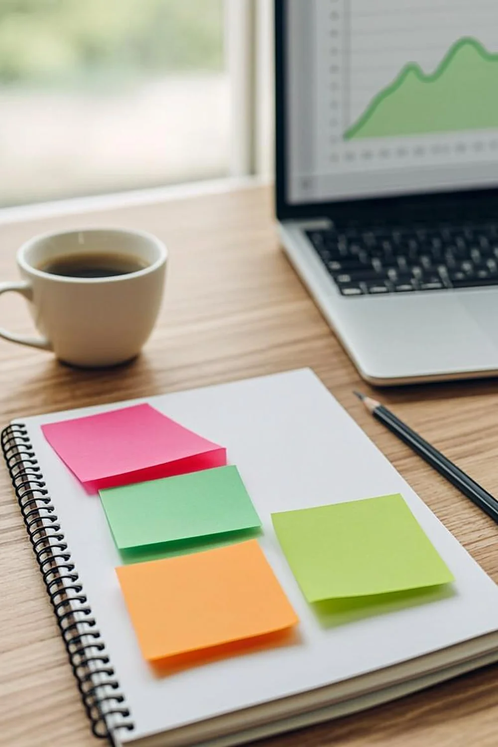 Notebook with five sticky tabs arranged like steps beside a pencil and coffee mug
