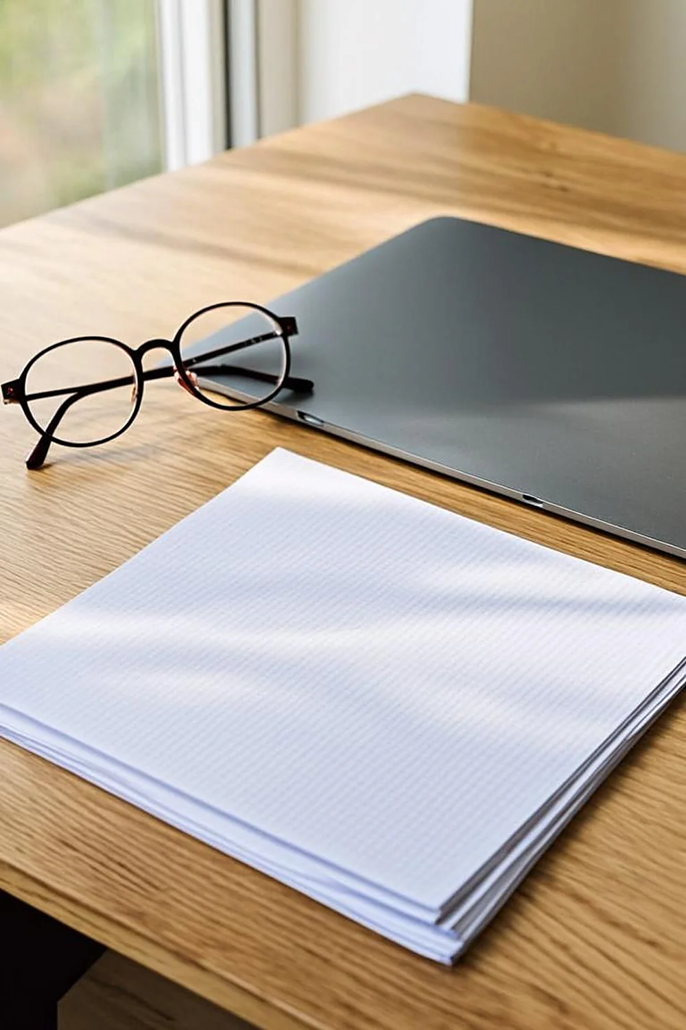 Closed laptop beside a blank paper form and glasses on a wooden desk