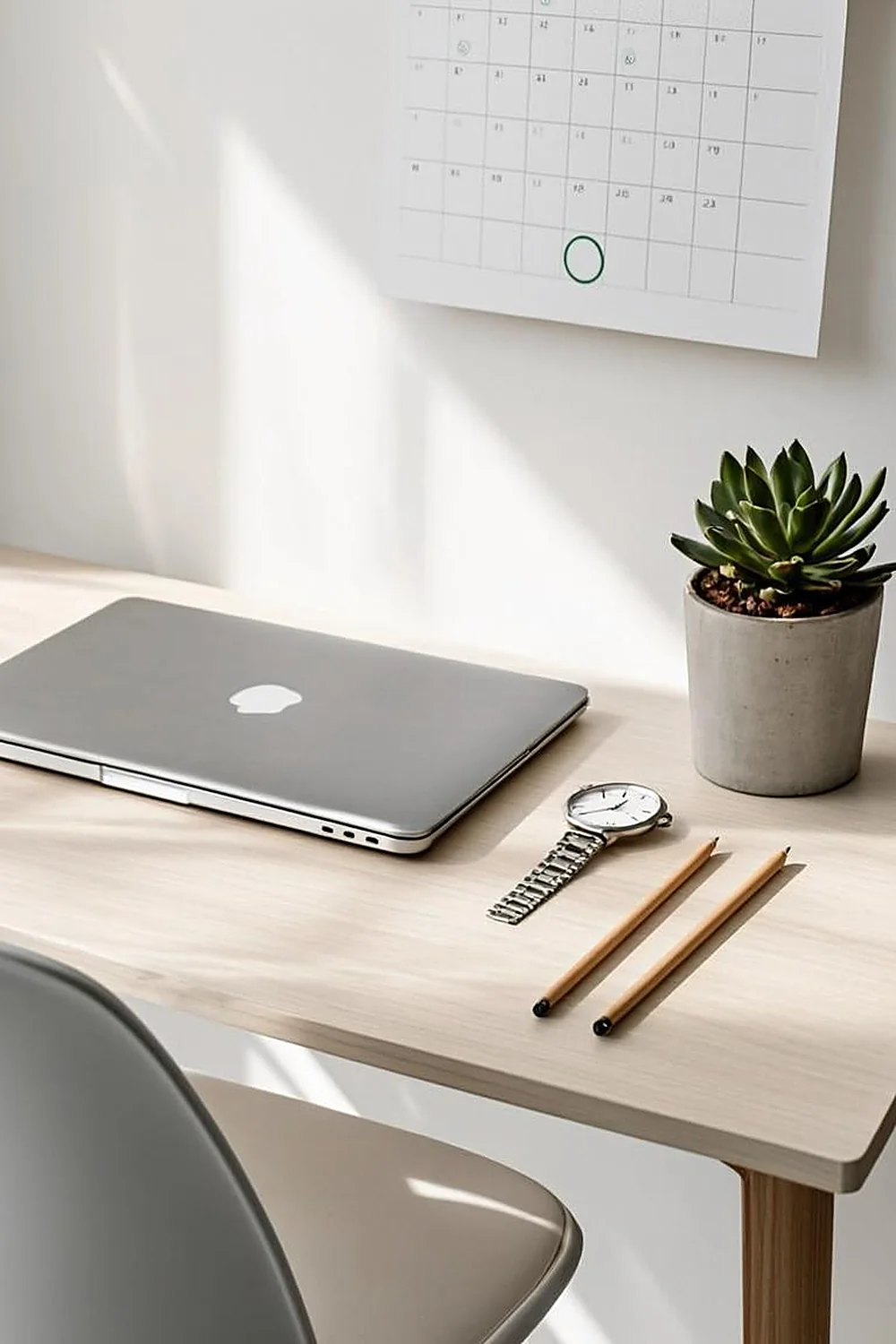 Wall calendar with a circled date and a wristwatch beside a closed laptop