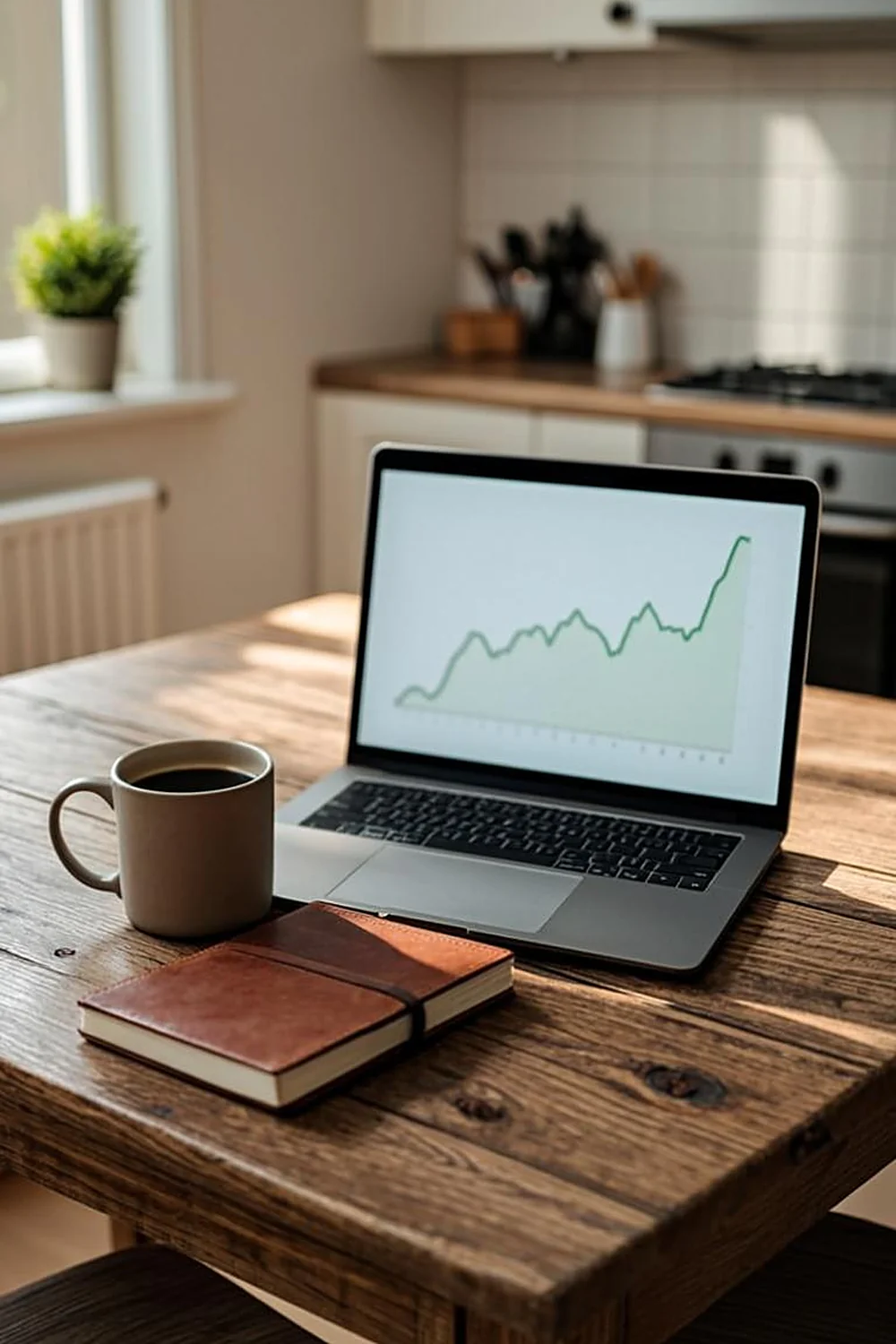 Notebook and coffee mug beside a laptop on a bright kitchen table