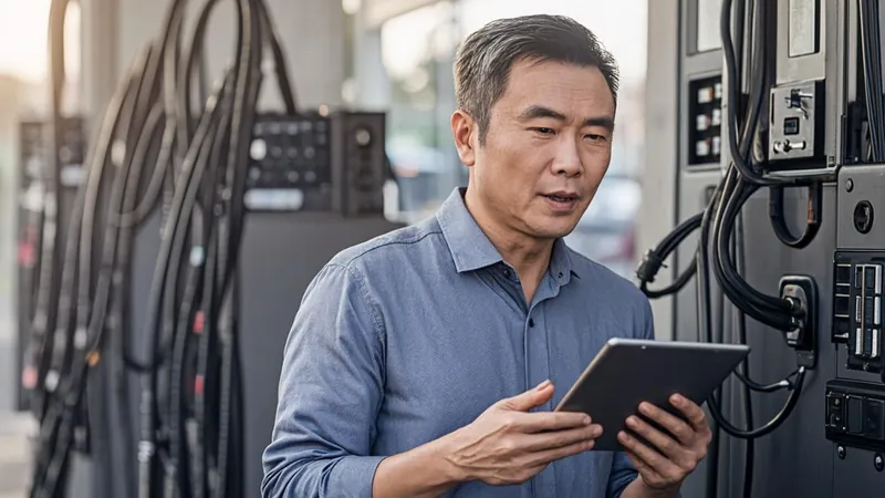 Car wash owner reviewing business numbers on a tablet beside wash bays