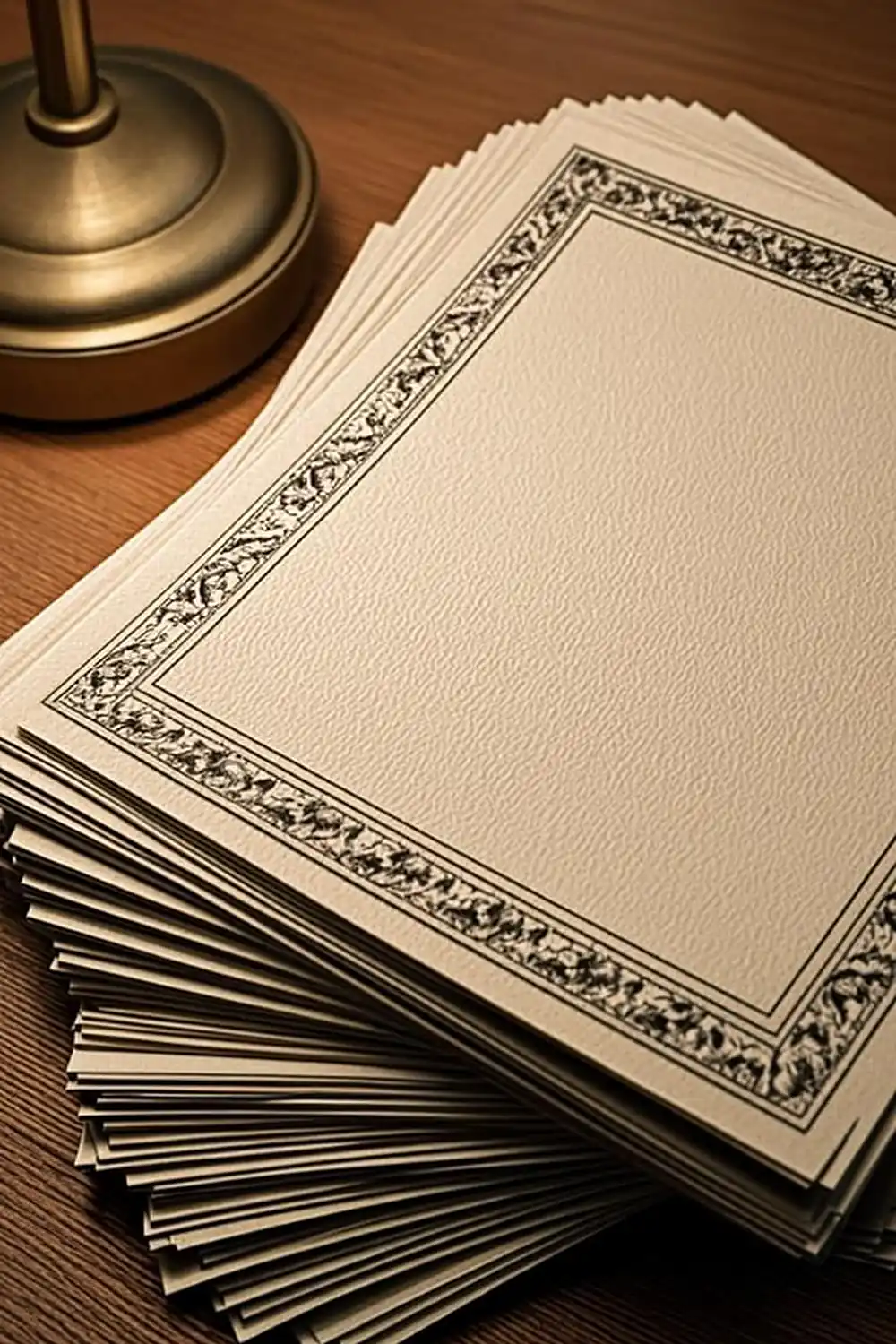 Stack of blank paper savings bond certificates beside a brass desk lamp