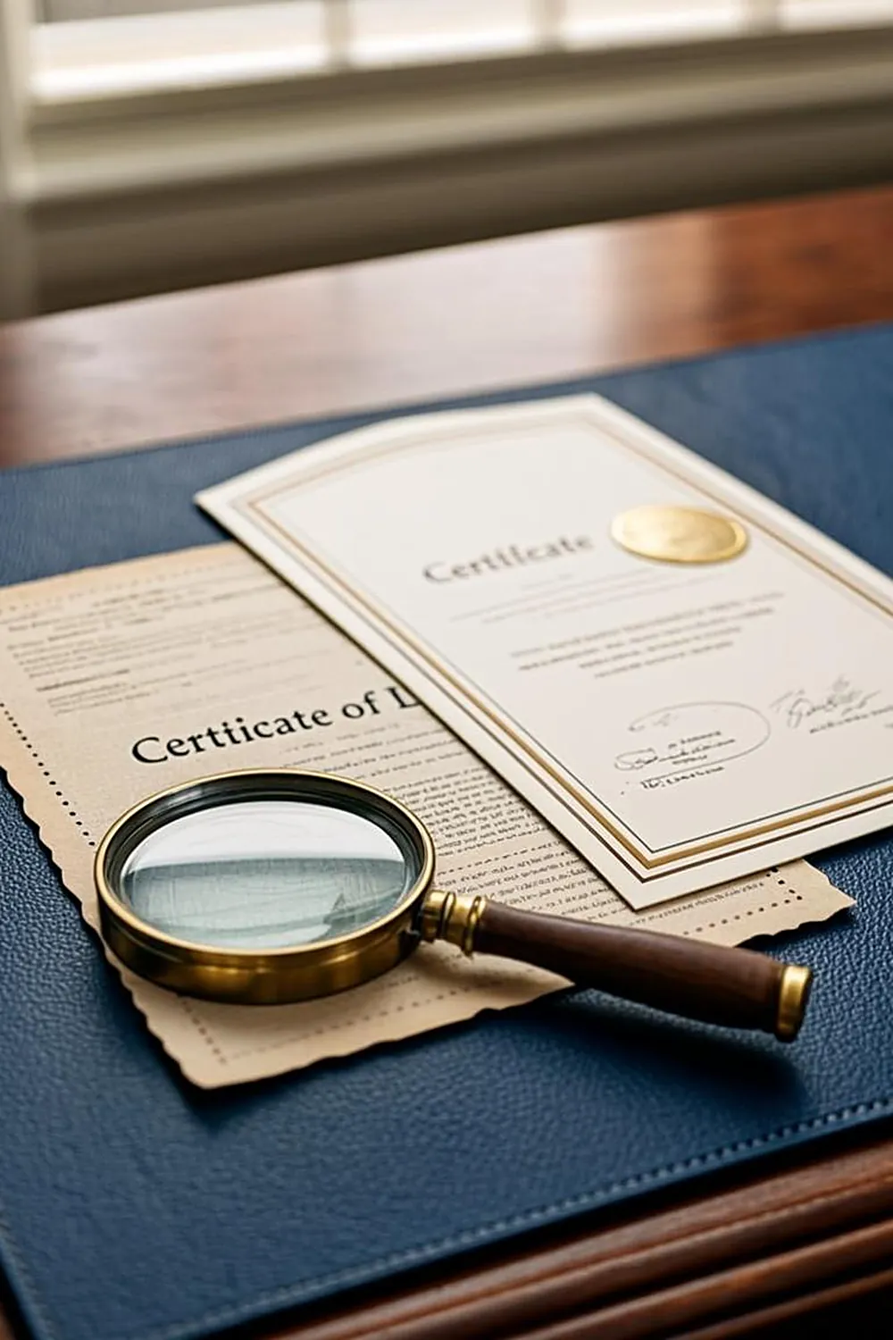 Vintage bond coupon sheet beside a modern gold-sealed certificate on a banker desk