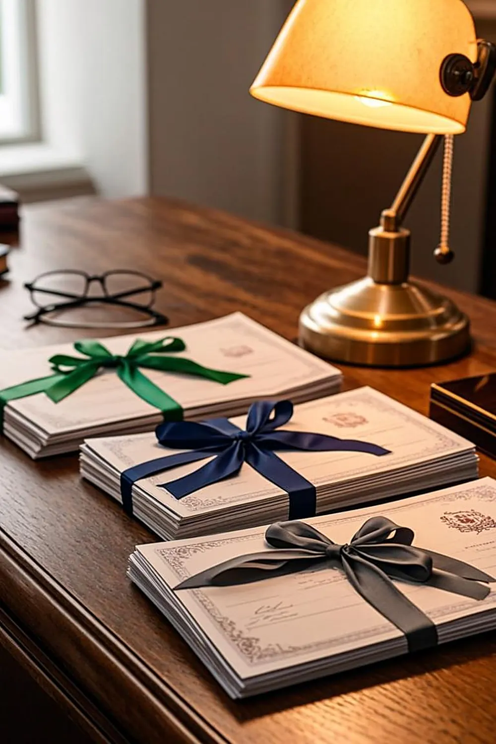 Three stacks of bond certificates tied with green, blue, and gray ribbons