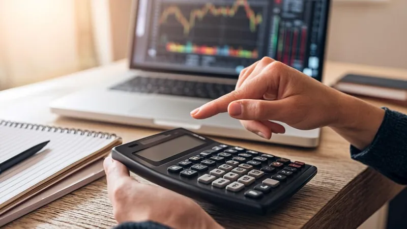 Hands comparing calculator results with a laptop showing market charts