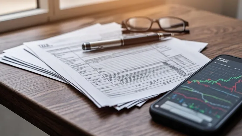 Printed tax forms with pen and smartphone showing a crypto exchange app