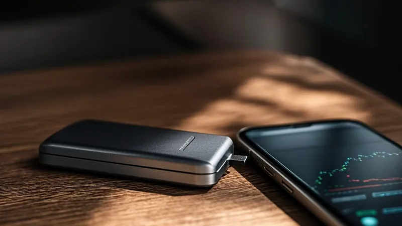 Hardware wallet beside smartphone displaying a cryptocurrency portfolio chart