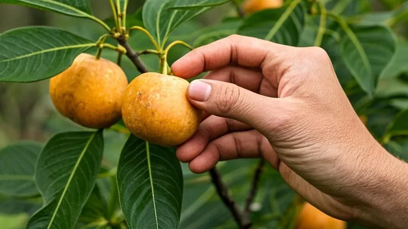 A hand harvesting ripe fruit from a small tree in a garden