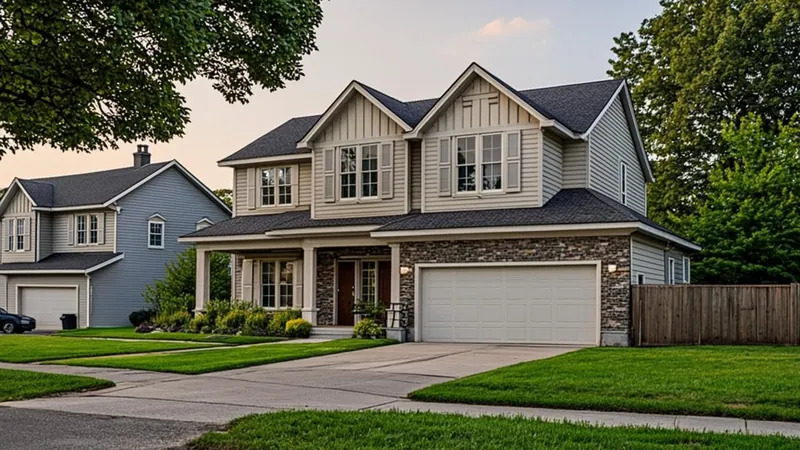 Suburban two-story family home with tidy lawn at sunset