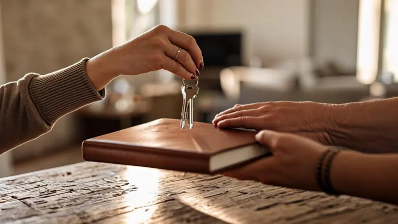 Hands exchanging house keys and a leather document folder