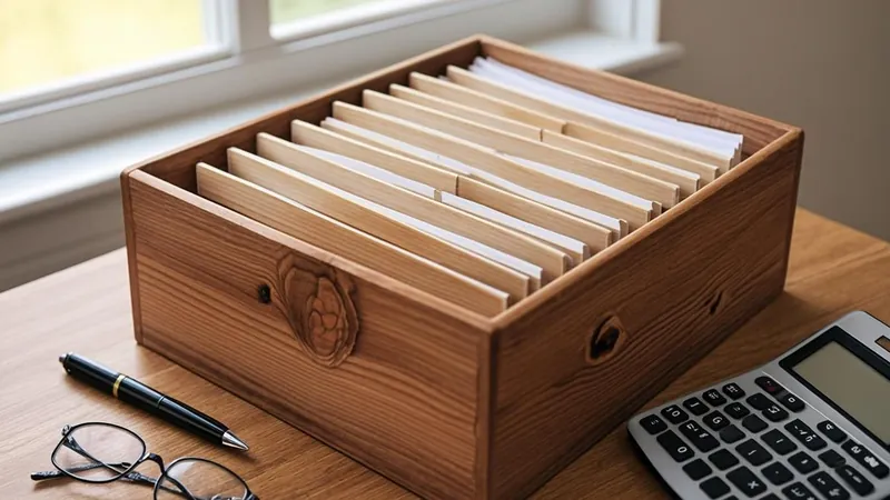 Organized file box with documents pen glasses and calculator