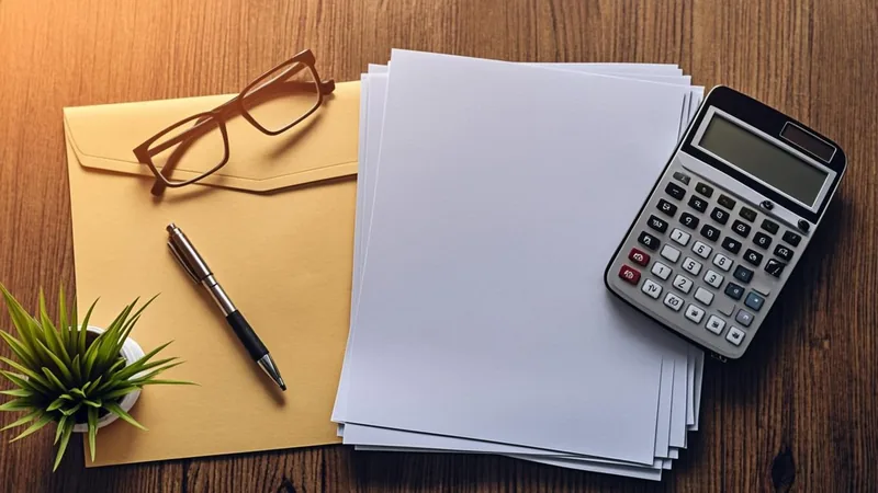 Tax forms with a calculator and pen on a wooden desk