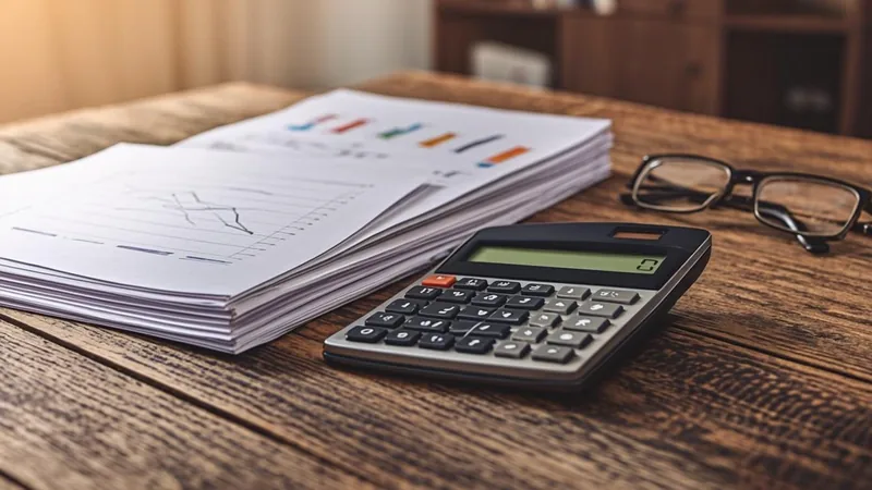 Pay stub and stock chart next to a calculator showing stacked income layers