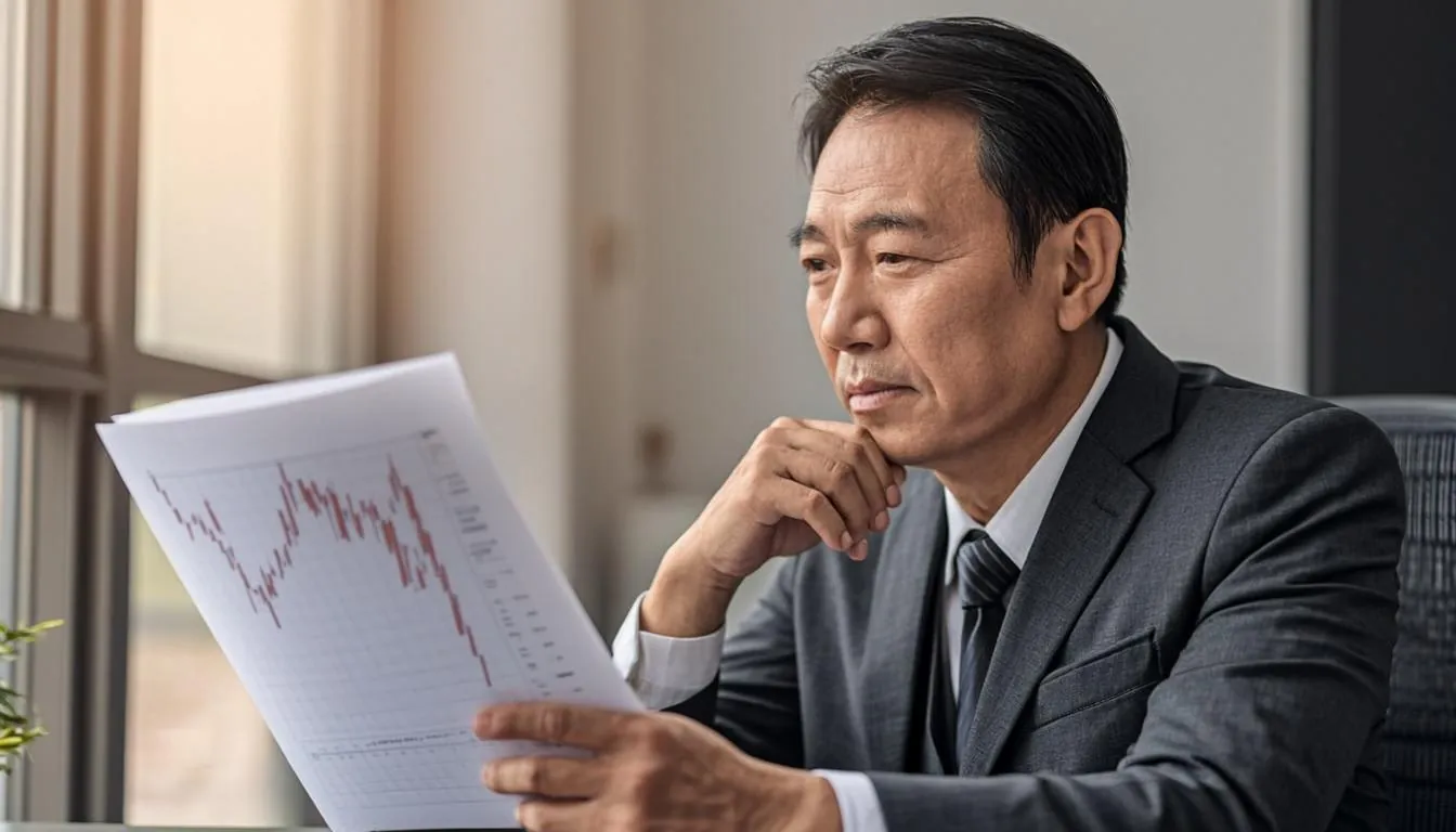 Trader reviewing a down market year with account statements on a desk