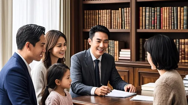 A family meeting an attorney in a classic law office with books