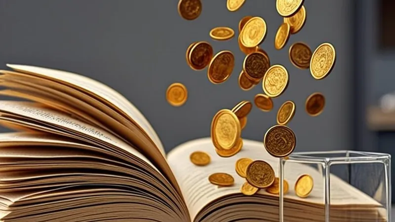 An abstract flow of coins from a ledger into a charity box