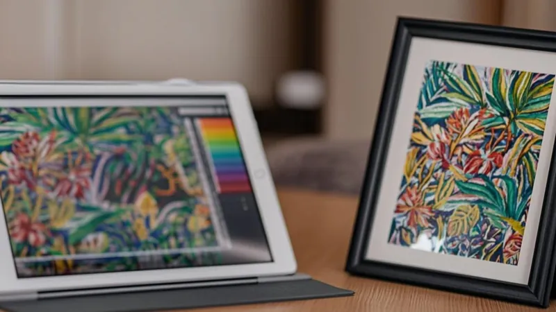 Digital art displayed on a tablet screen beside a physical art print