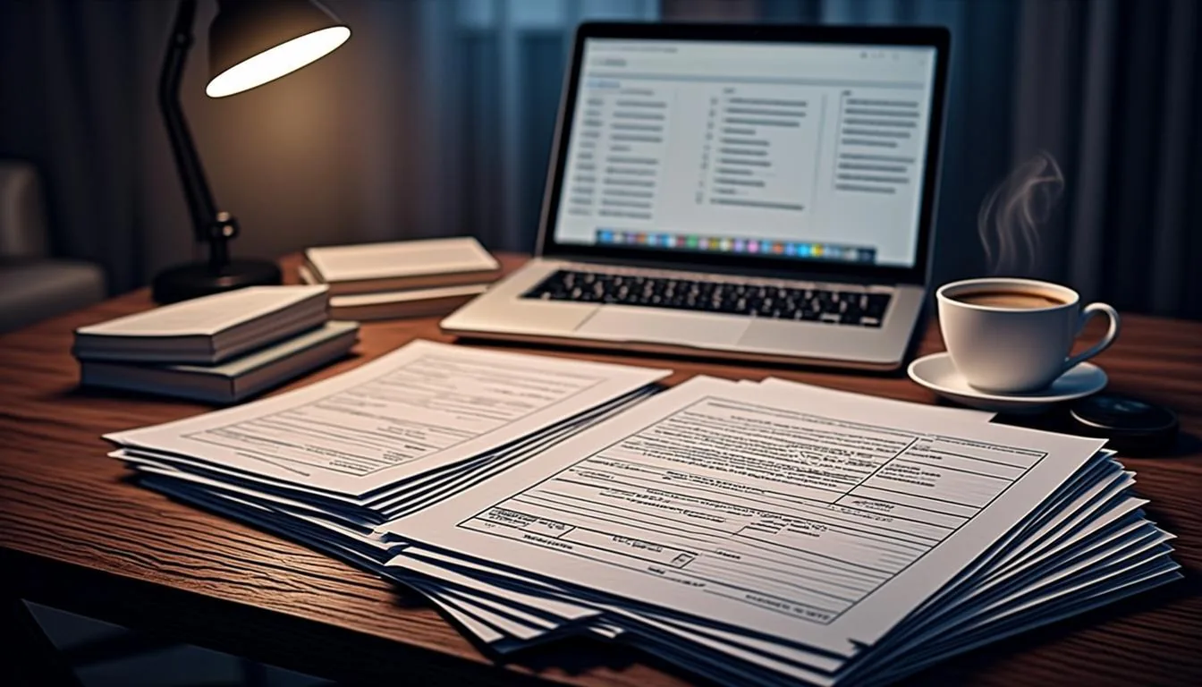 Combined federal and state tax paperwork on a desk beside a laptop and coffee