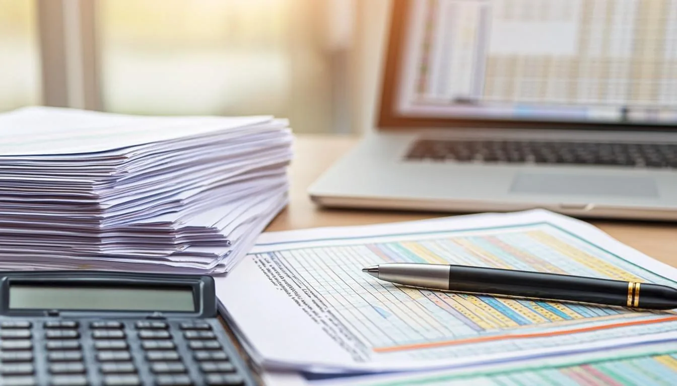 Printed 1099-DA forms and a laptop with crypto records on a tax preparer desk
