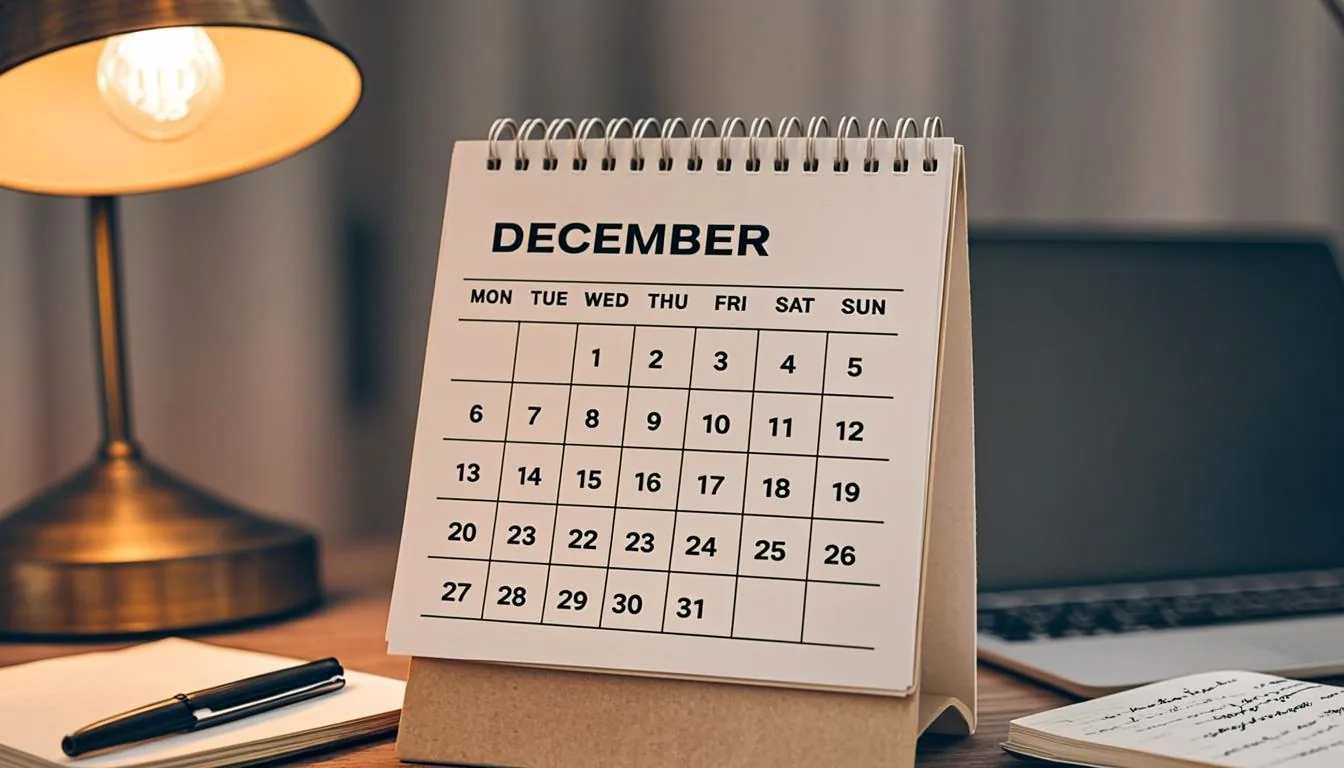 December desk calendar beside a laptop used for year-end crypto tax loss harvesting