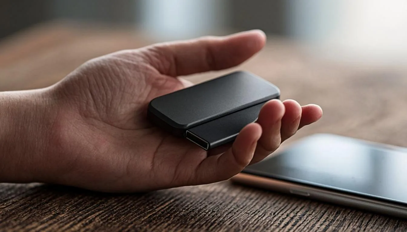 Hardware wallet held beside a phone showing a crypto transfer in progress