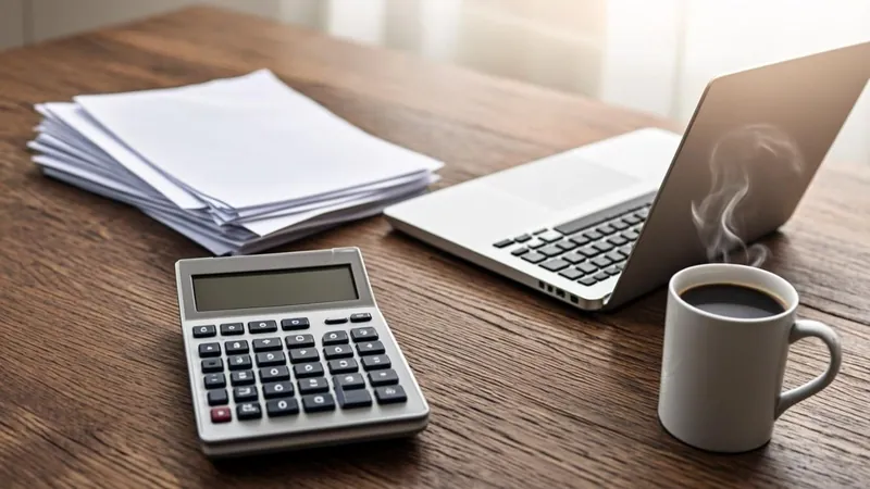 Laptop and tax documents on desk with coffee during planning