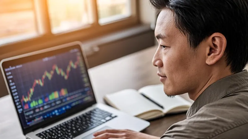 Trader studying stock charts with notebook at home desk