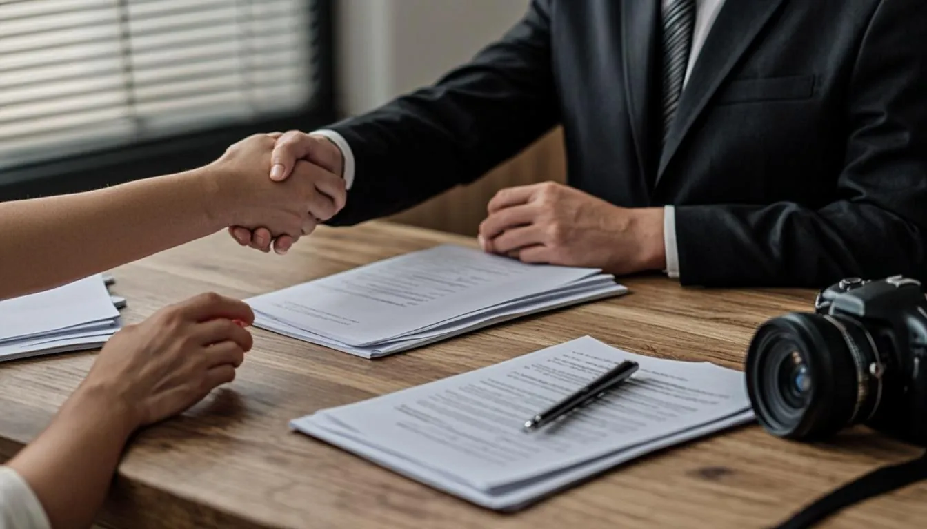 Buyer handing a payment schedule across a desk to a property seller