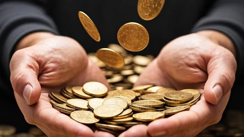 Coins flowing into hands representing staking rewards as ordinary income