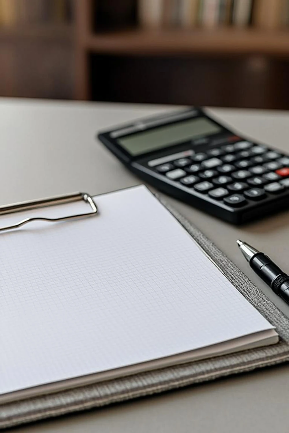 Blank tax form on a clipboard with a calculator and pen on a home office desk