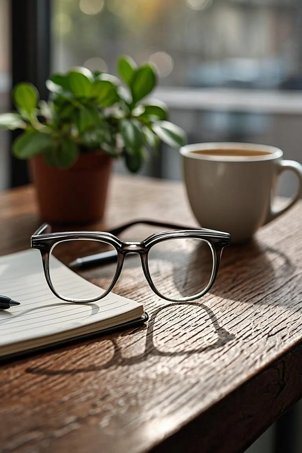 Reading glasses resting on an open leather folio beside a coffee mug