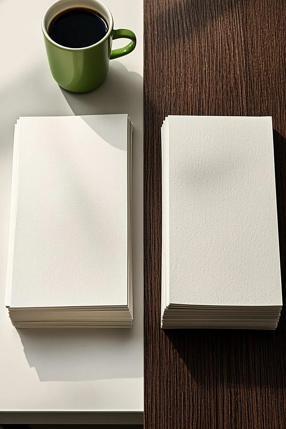 Two stacks of paper dividend statements on contrasting light and dark desks