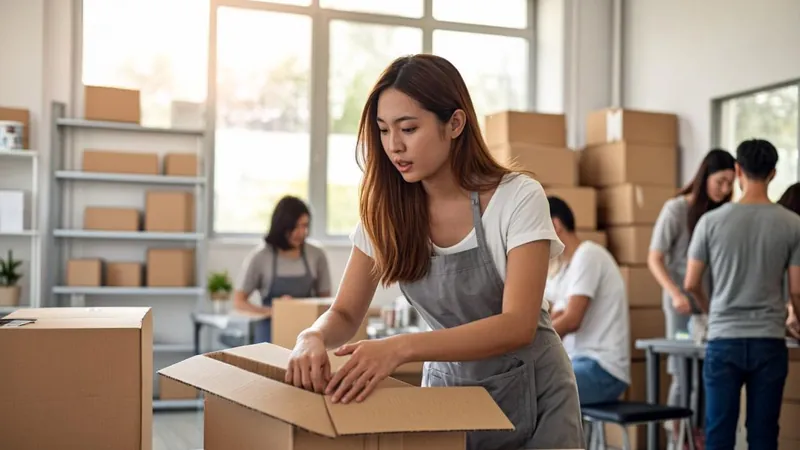 Volunteer packing donation boxes at a bright charity center