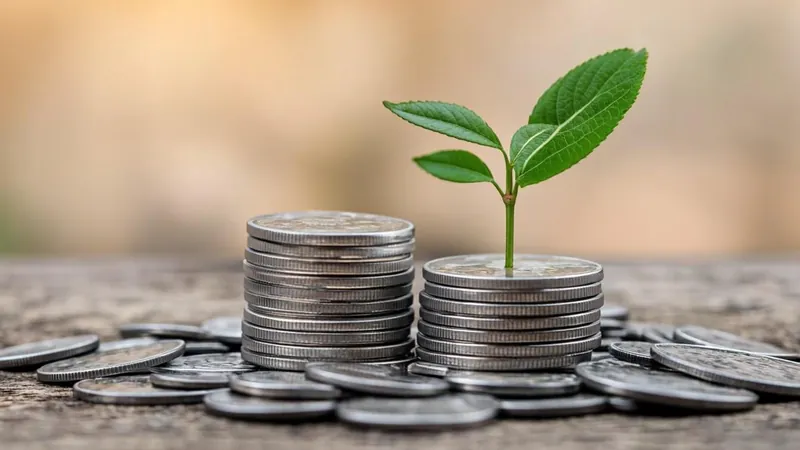 Two stacks of coins with a young plant growing from one of them