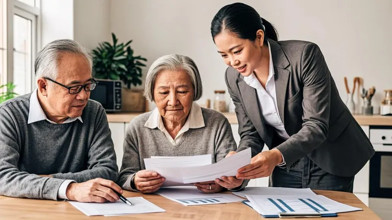 Senior couple reviewing documents with an advisor at a kitchen table