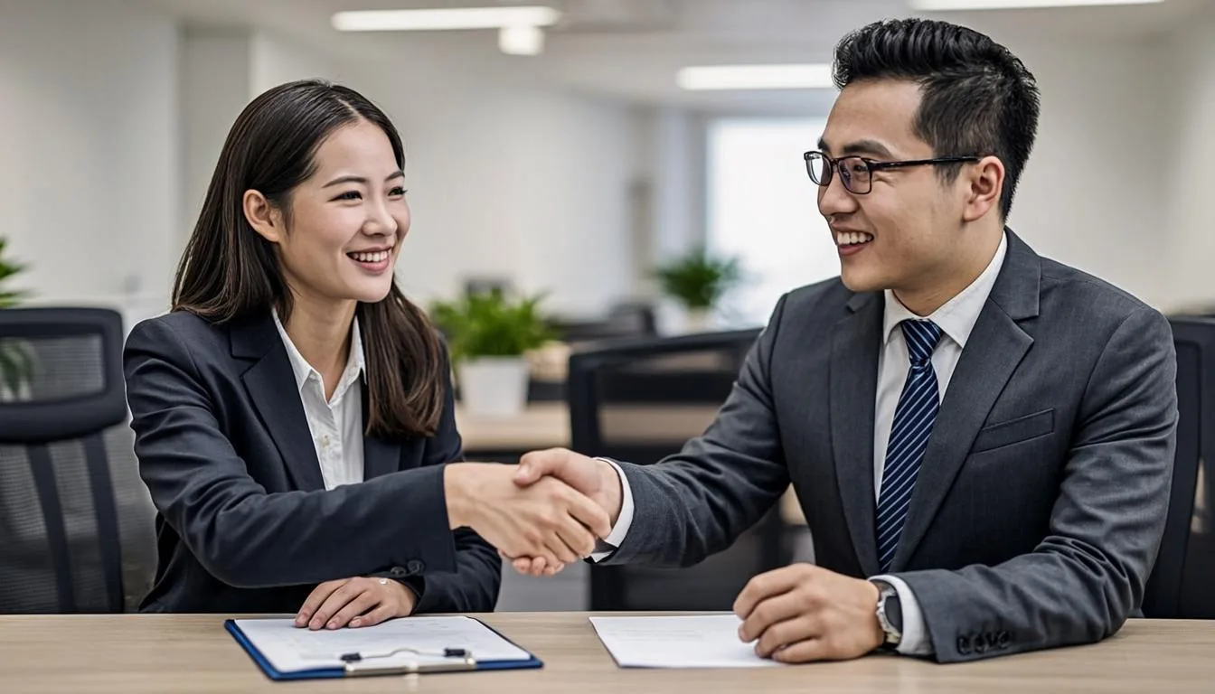 New hire signing equity compensation paperwork at an office table