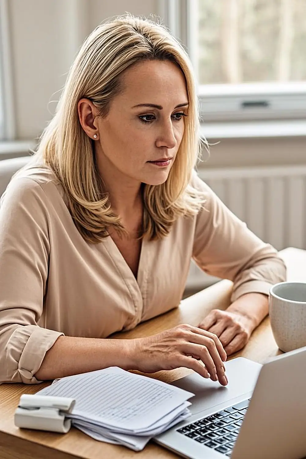Woman at a kitchen table working out a quarterly tax payment with a calculator and notebook