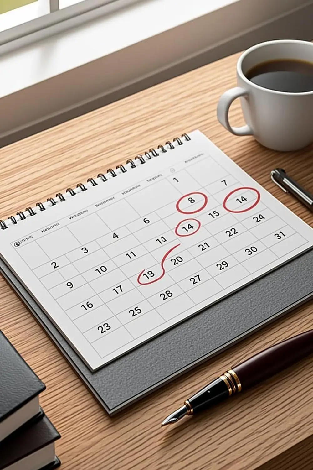 Desk calendar with four quarterly payment dates marked beside coffee and pen