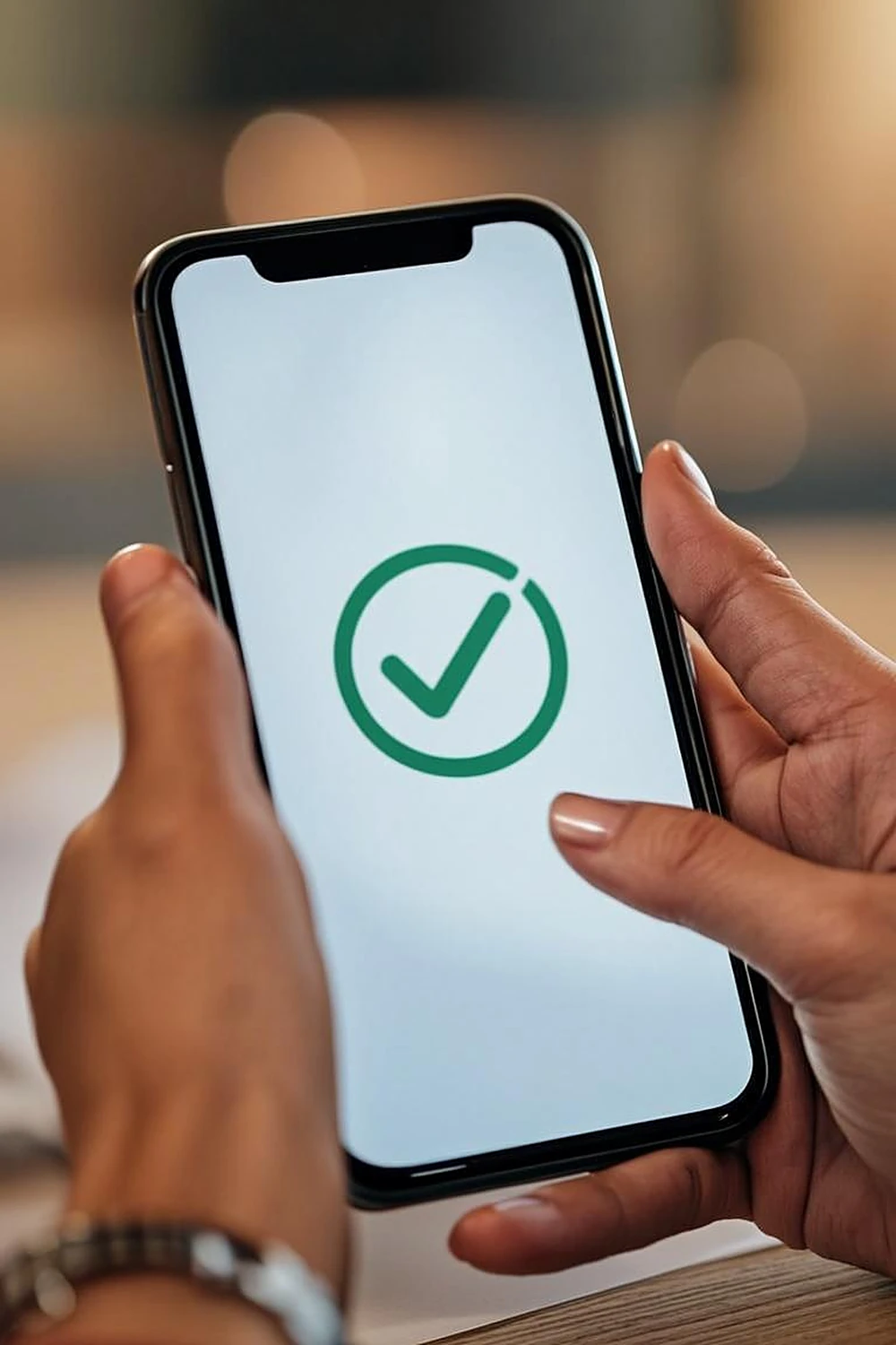 Phone showing a green payment confirmation checkmark above a wooden desk