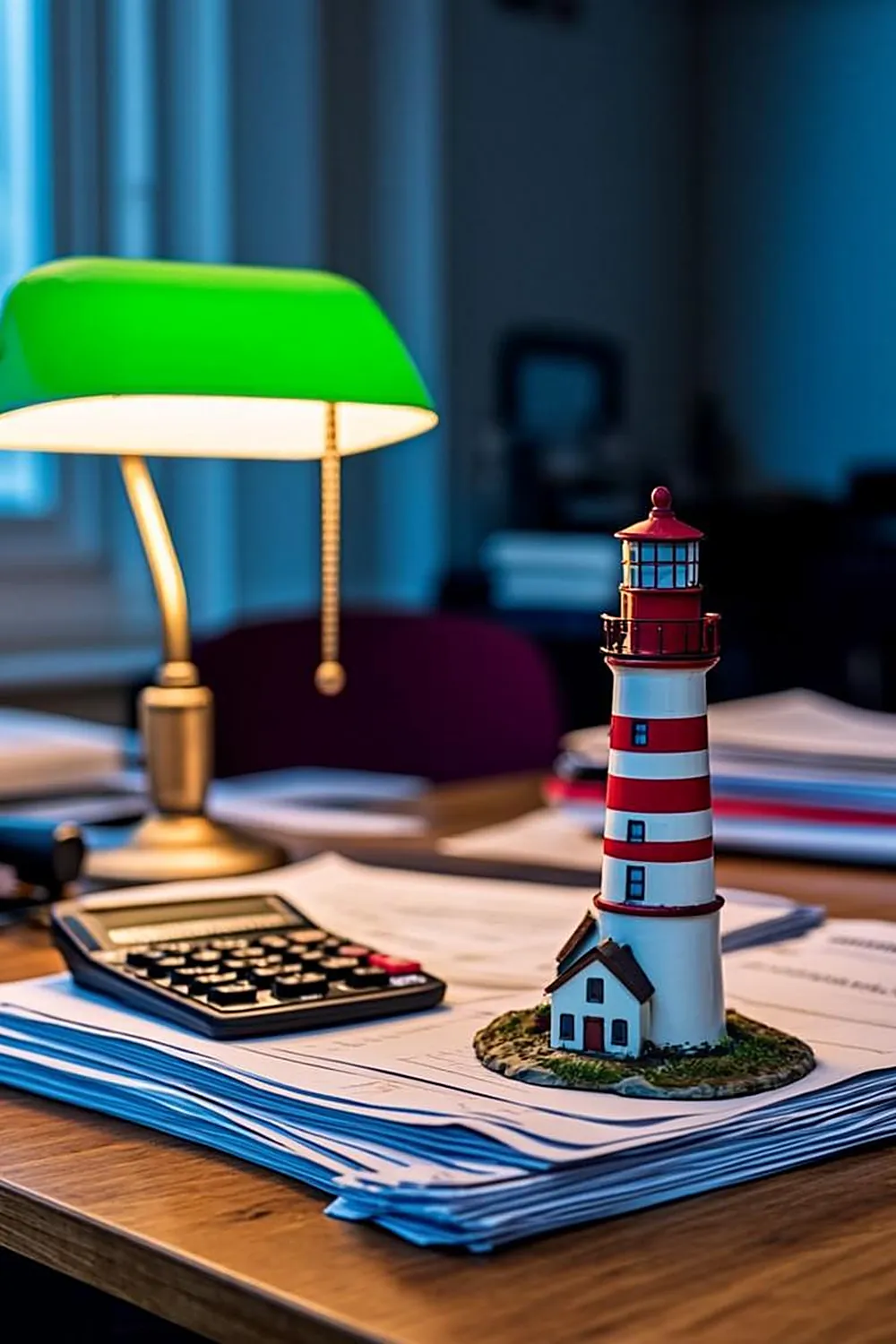 Model lighthouse on a desk beside tax documents and a calculator
