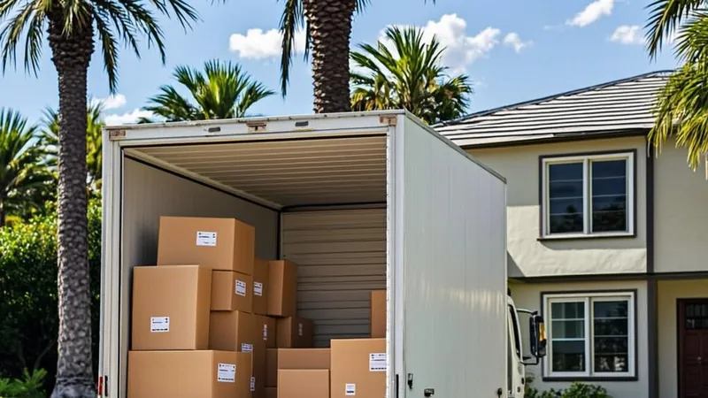 Moving van and palm home representing establishing Florida domicile before selling
