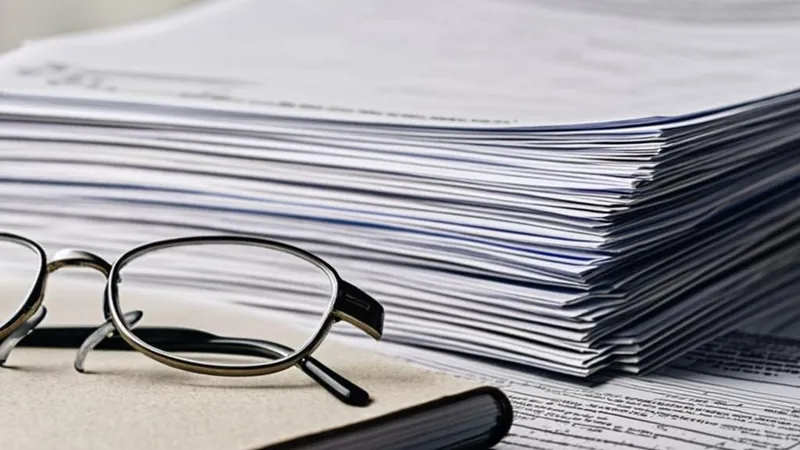 A close-up of stacked tax forms beside reading glasses