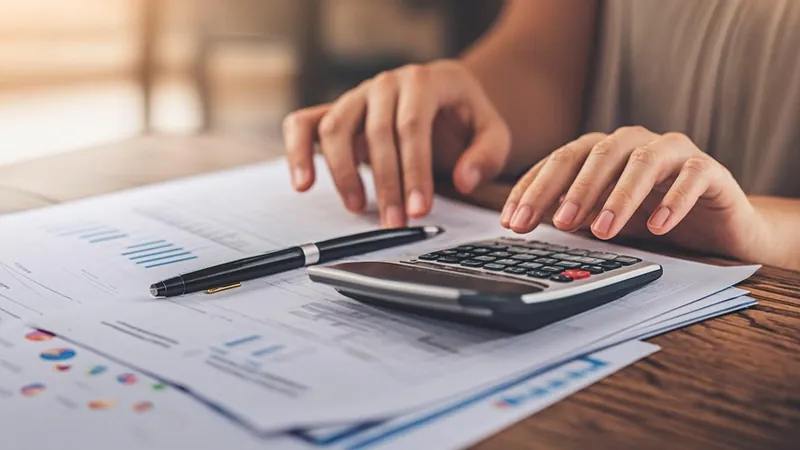 Hands using a calculator over investment statements to compute a crypto gain