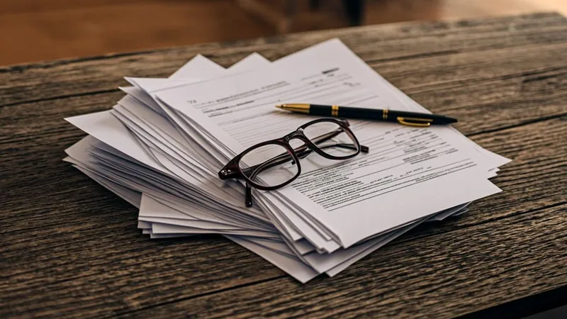 Printed tax form documents with a pen and reading glasses on a desk
