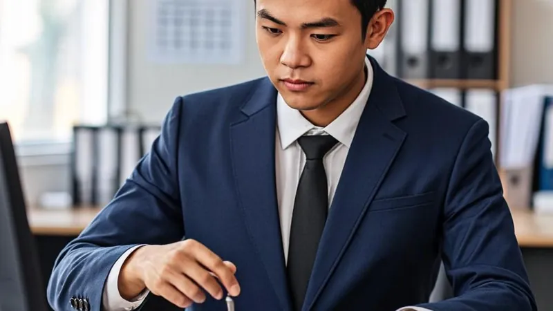 An escrow officer stamping a document in a bright office