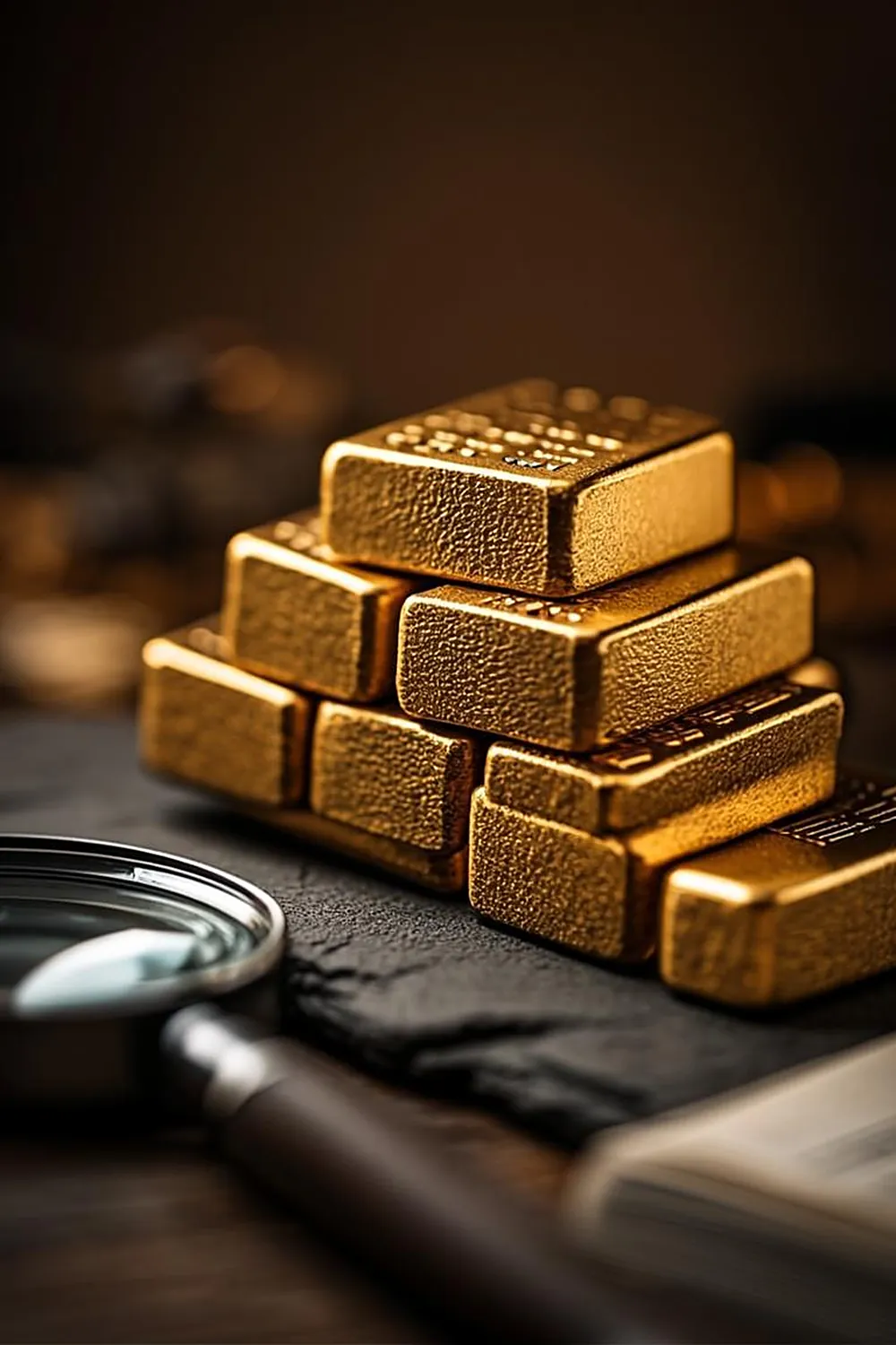 Physical Gold in Coins and Bars Is Always a Collectible Pyramid of stacked gold bullion bars with a jeweler's loupe on dark slate