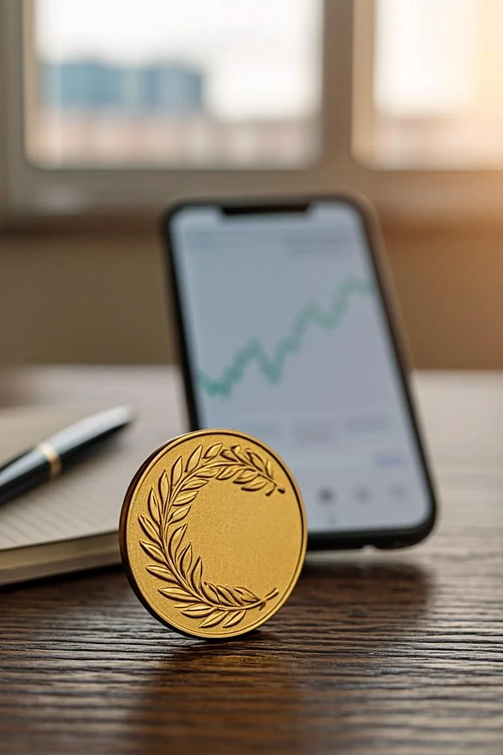 Gold ETFs Trade Like Securities, Not Collectibles Gold coin standing upright beside a smartphone showing a rising chart